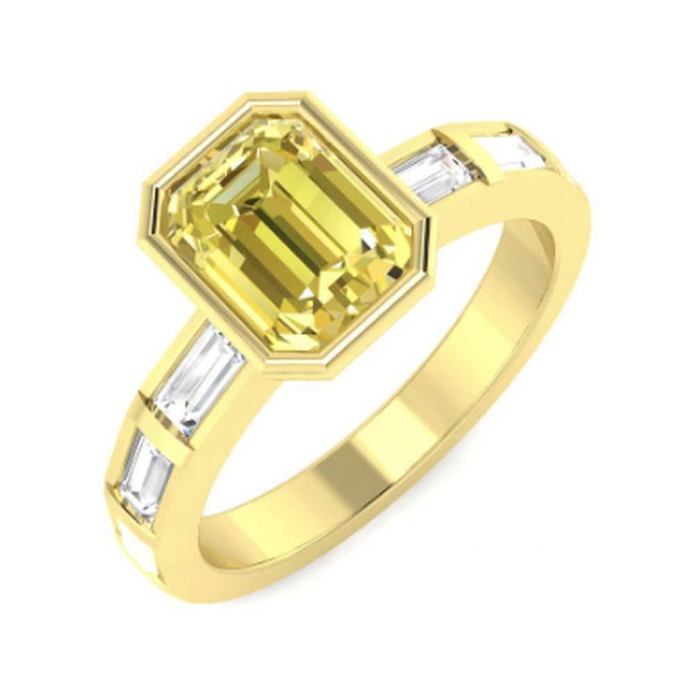 Yellow Emerald-Cut Bezel: Bezel-set centre with channel-set baguette shoulders