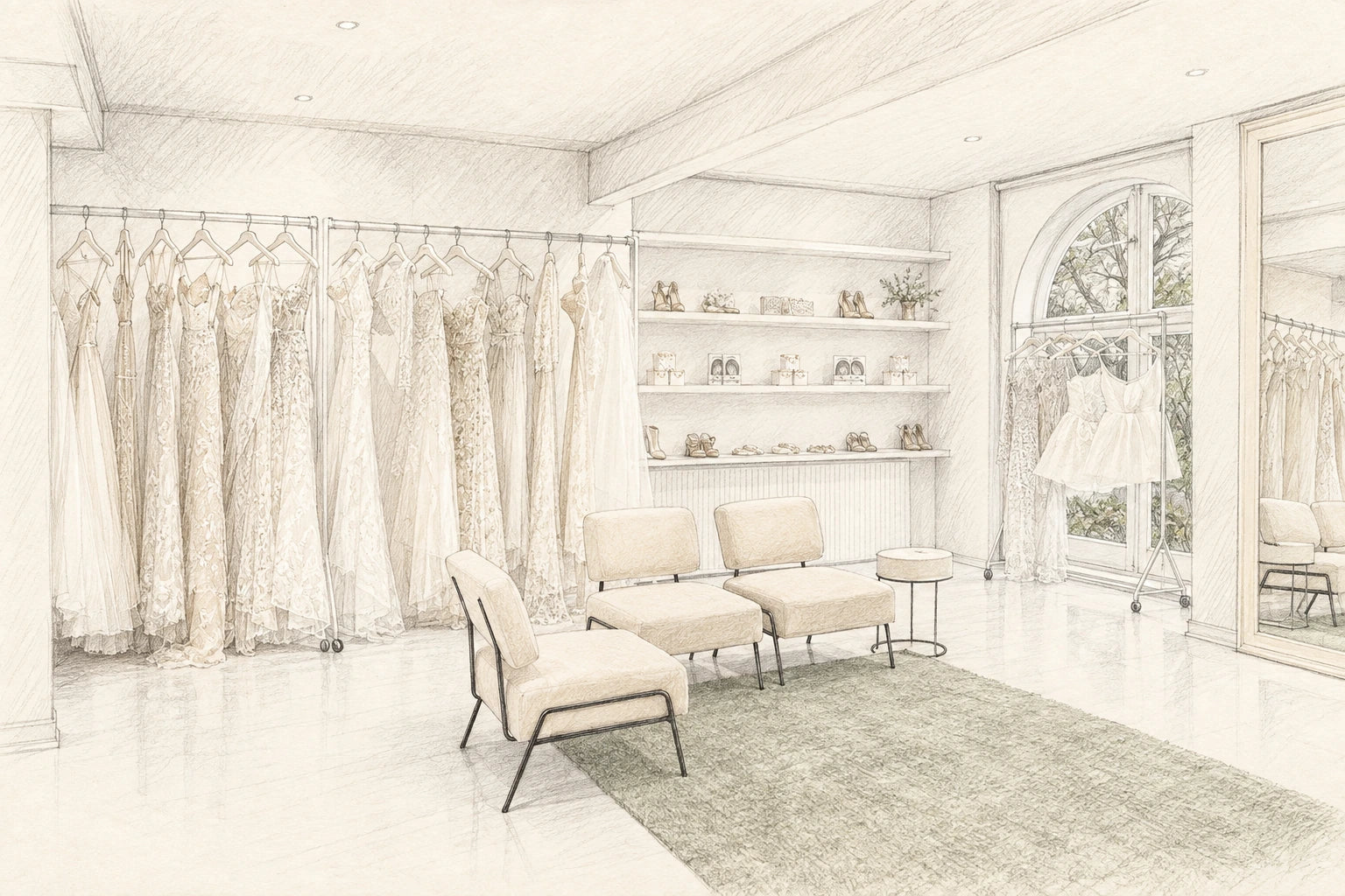 Hand-drawn sketch of The Wedding Club showroom, with bridal gowns, seating and an arched window