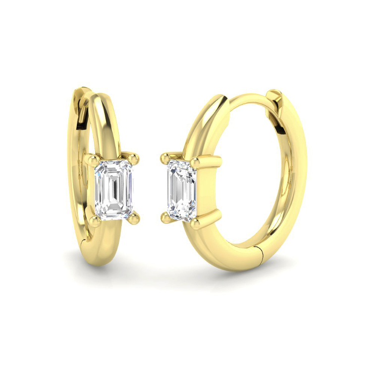 Emerald-cut natural diamond hoop earrings in 9K yellow gold, shown as a pair