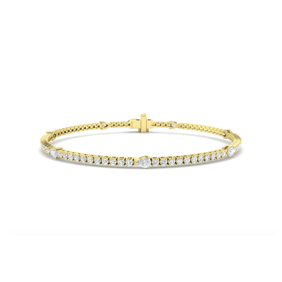 Pear and round natural diamond tennis bracelet in 9K yellow gold