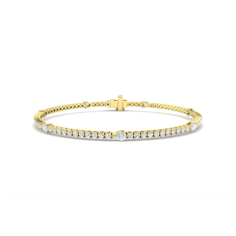 Pear and round natural diamond tennis bracelet in 9K yellow gold
