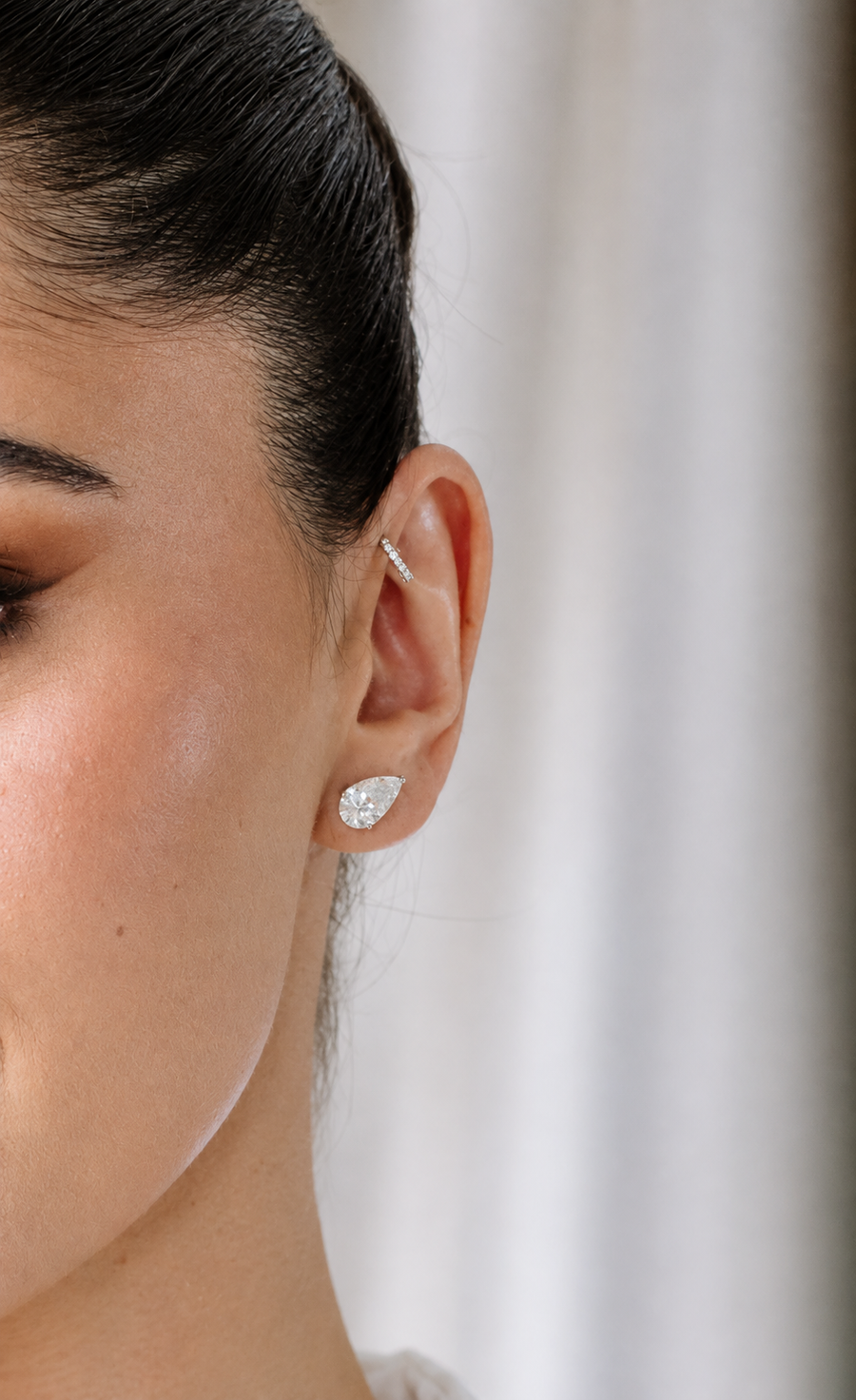 Pear Diamond Stud Earrings worn