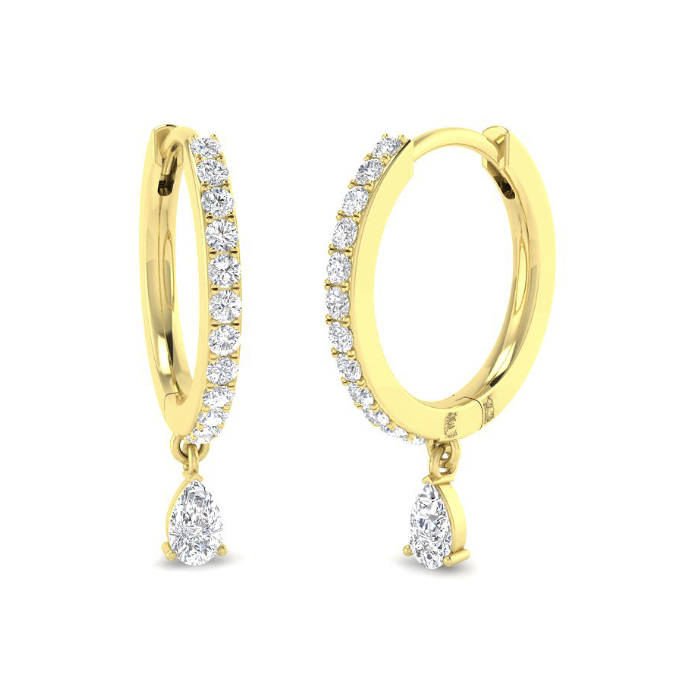 Pair of natural diamond hoops with pear-shaped diamond drops in 9K yellow gold