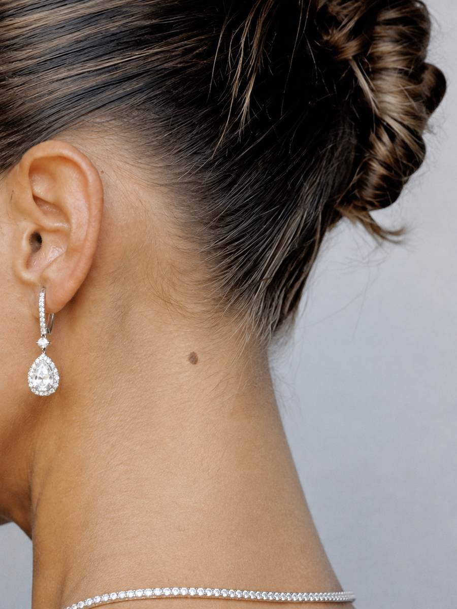 Pear Halo Drop Earrings worn