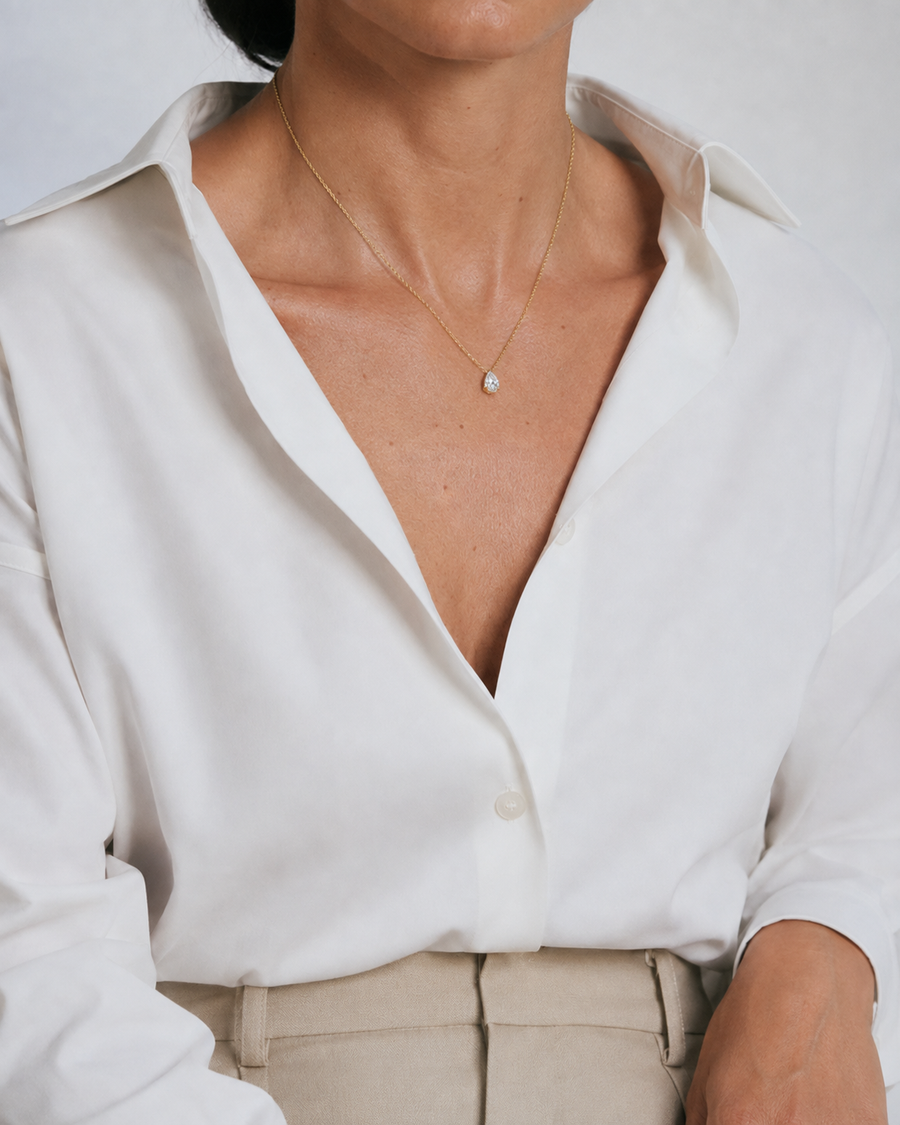 Pear Solitaire Diamond Necklace worn