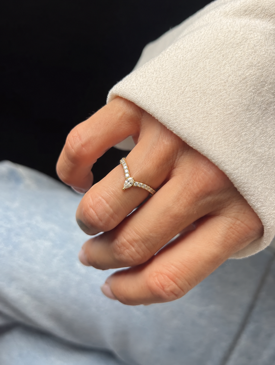 Pear Wishbone Diamond Ring worn