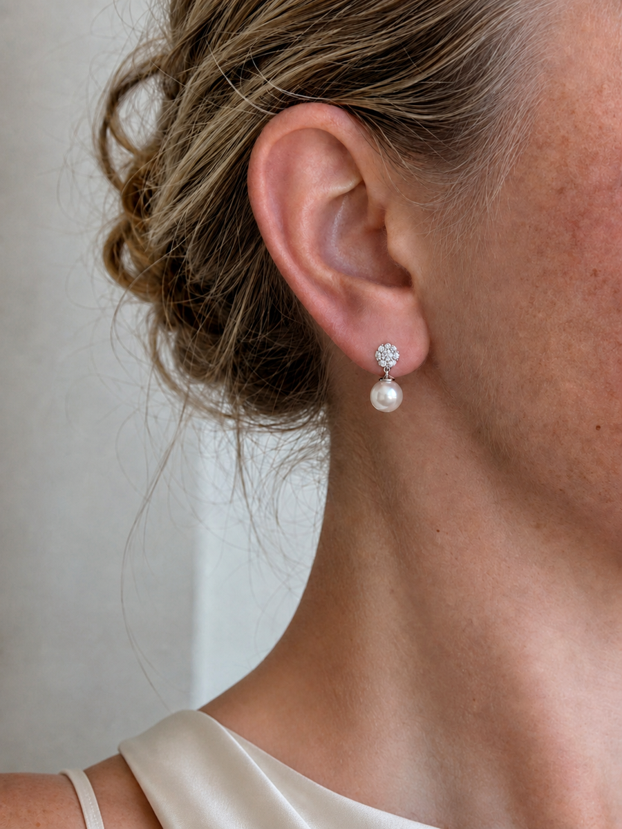 Pearl and Diamond Earrings worn