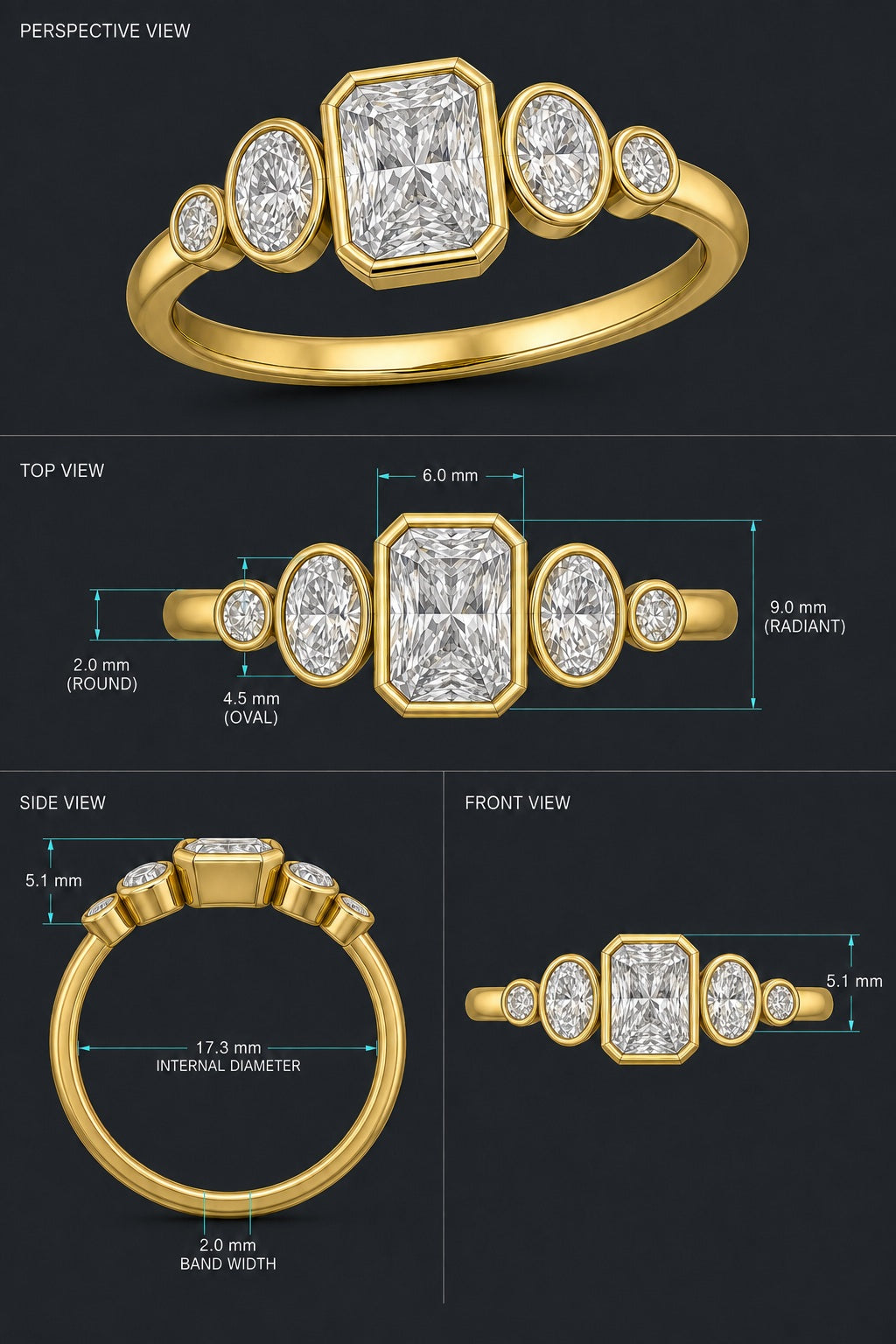 Illustrative CAD of the five-stone yellow gold bezel engagement ring with example dimensions, not manufacturing specifications