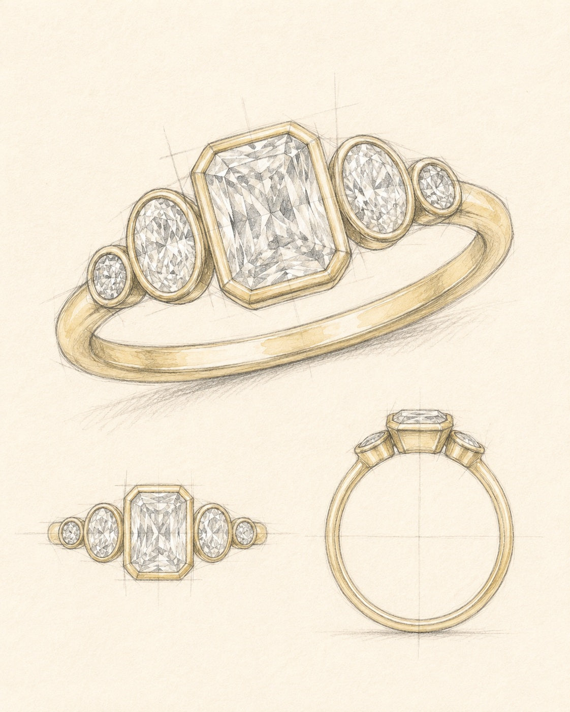 Illustrative sketch of the five-stone yellow gold bezel engagement ring