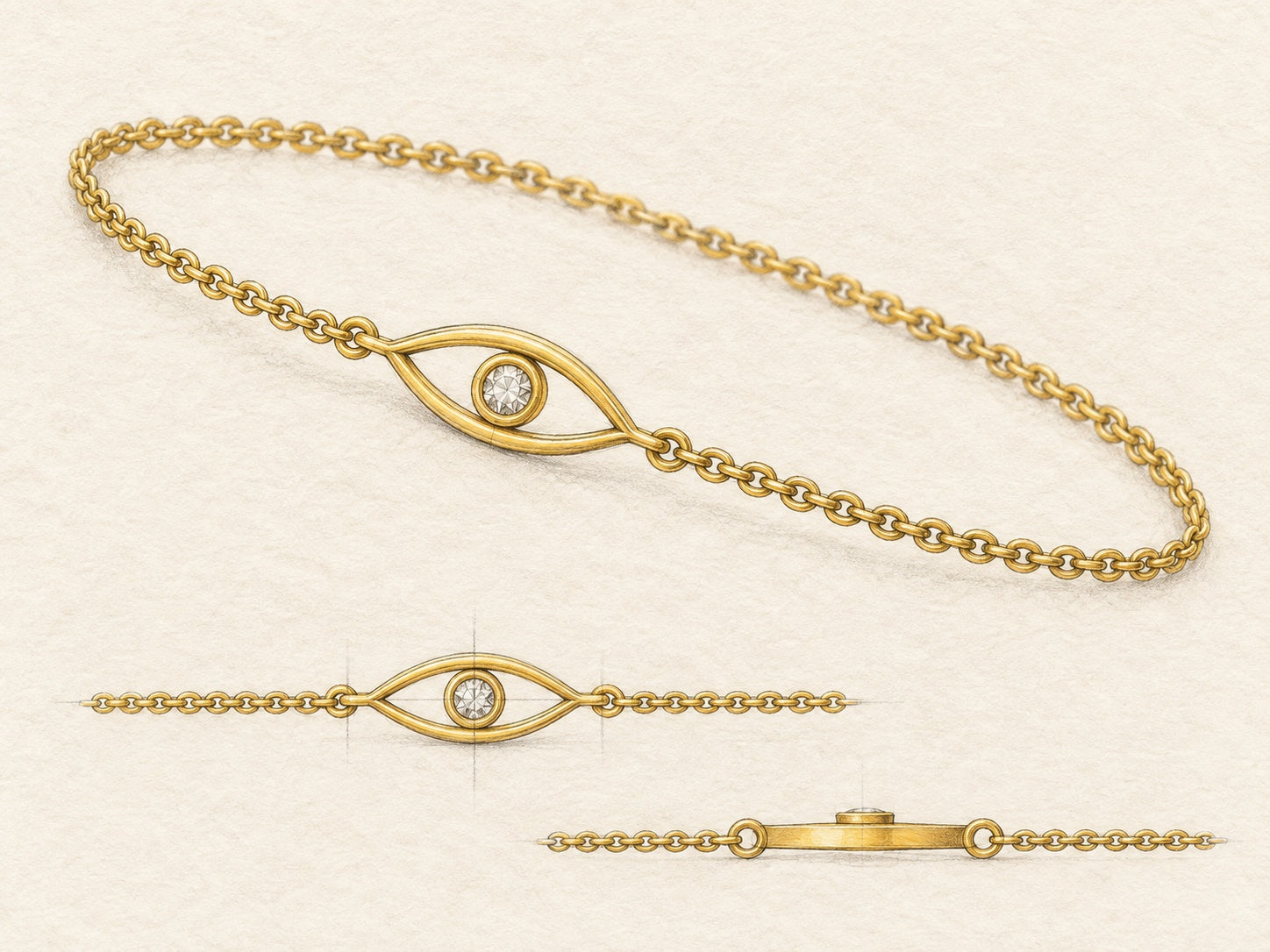 Pencil and yellow-gold sketch of the custom evil-eye bracelet, showing its cable chain and central round diamond