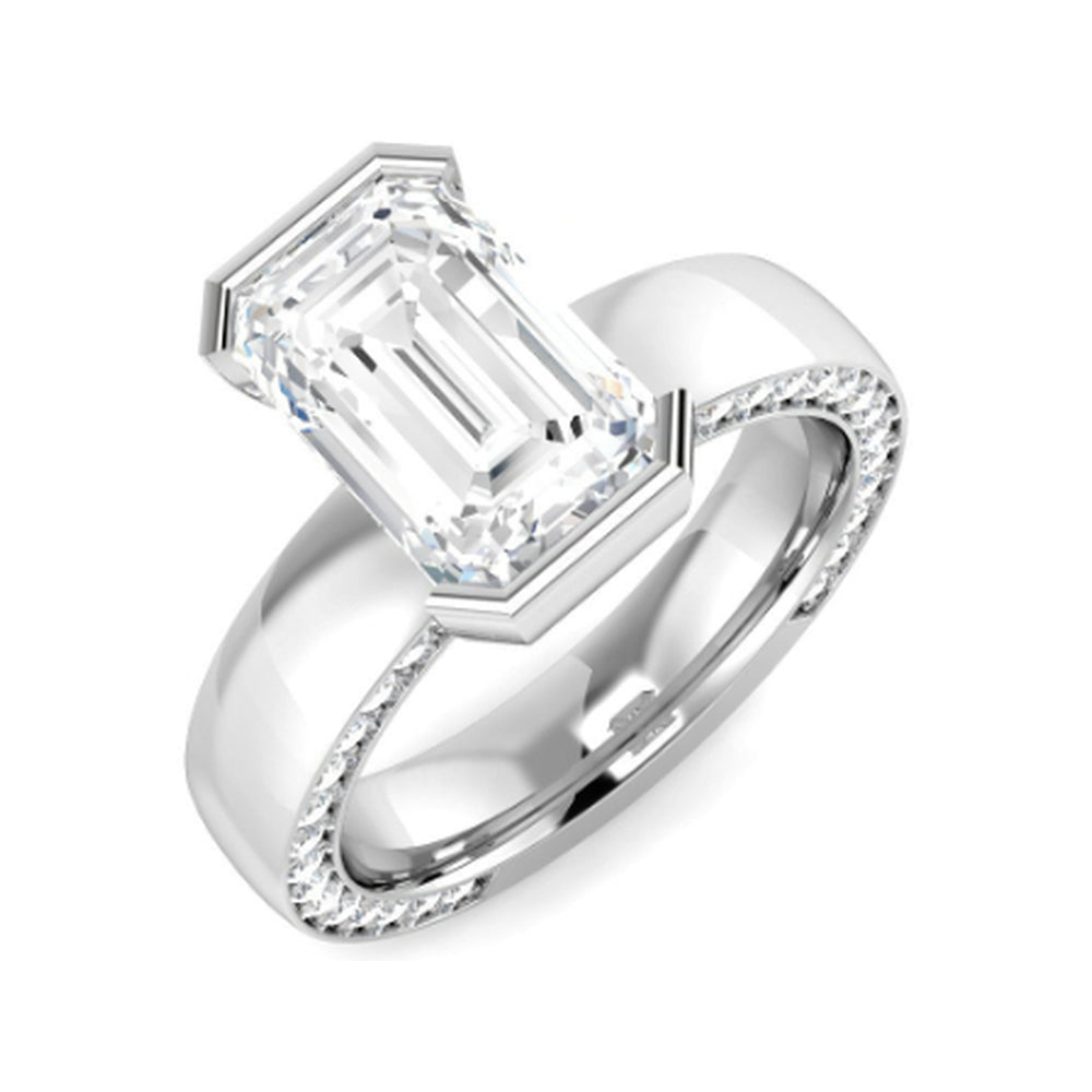 Emerald-Cut Half-Bezel: Open-sided bezel with diamond-set band edges