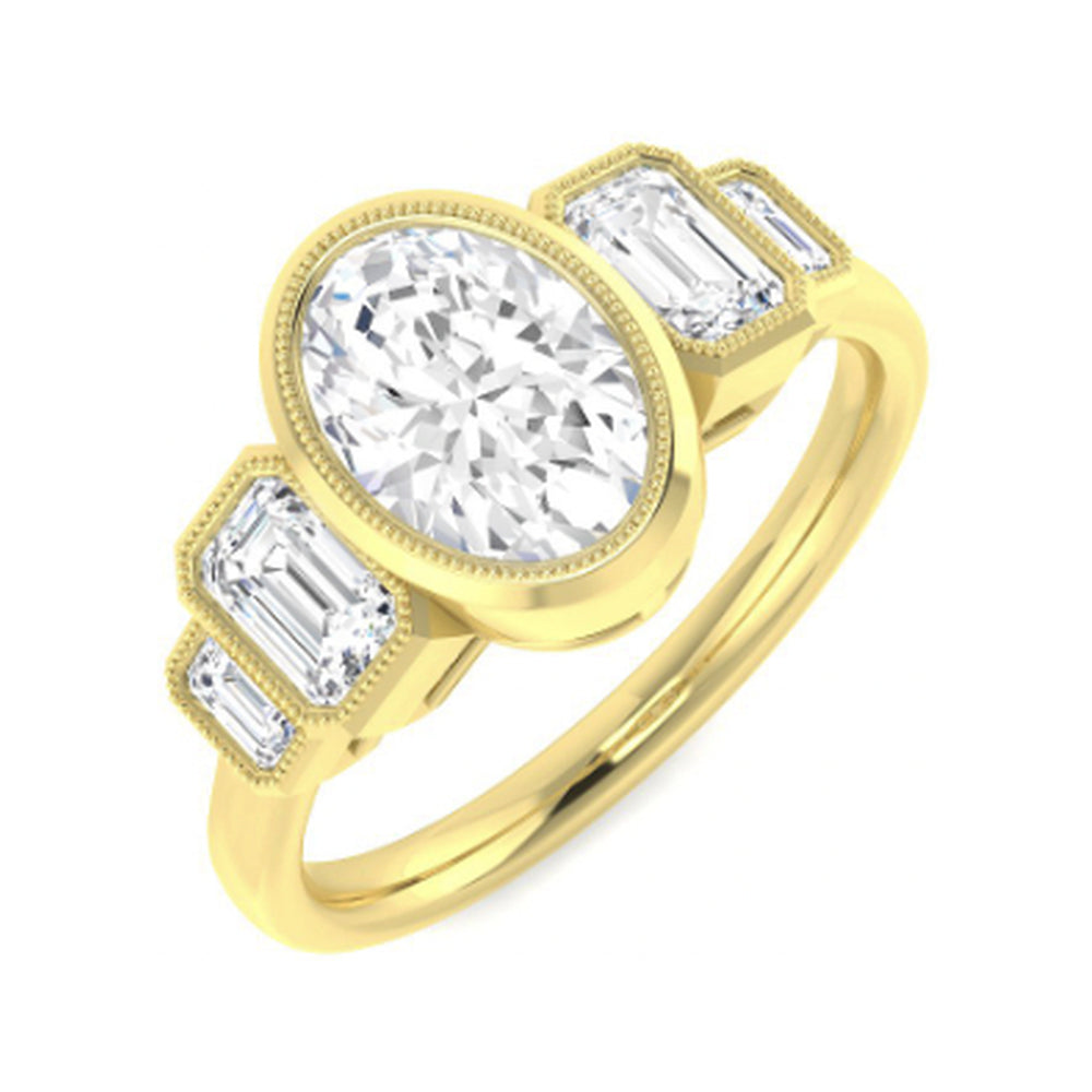 Oval Five-Stone Bezel: Stepped side stones and milgrain edging